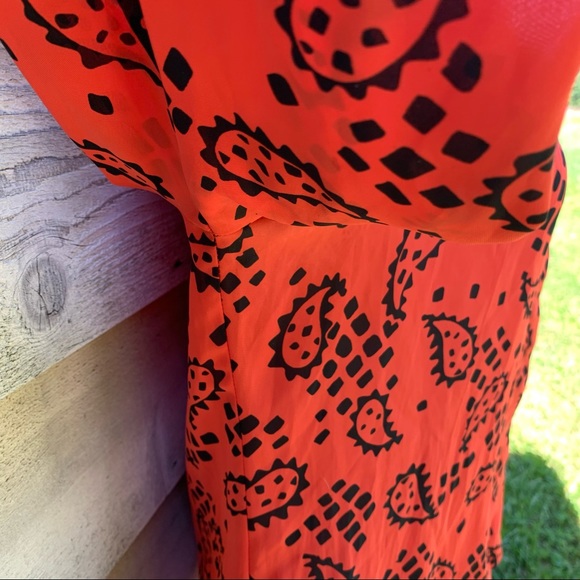 Vintage 80s Orange Block Paisley Print Long Puff Sleeve Button Down Popover Top - Picture 13 of 16